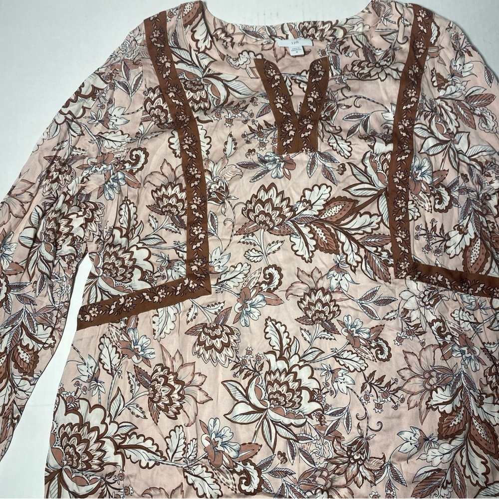 J Jill Floral Long Sleeve V Neck Bohemian Peasant Light Pink Blouse Medium Boho